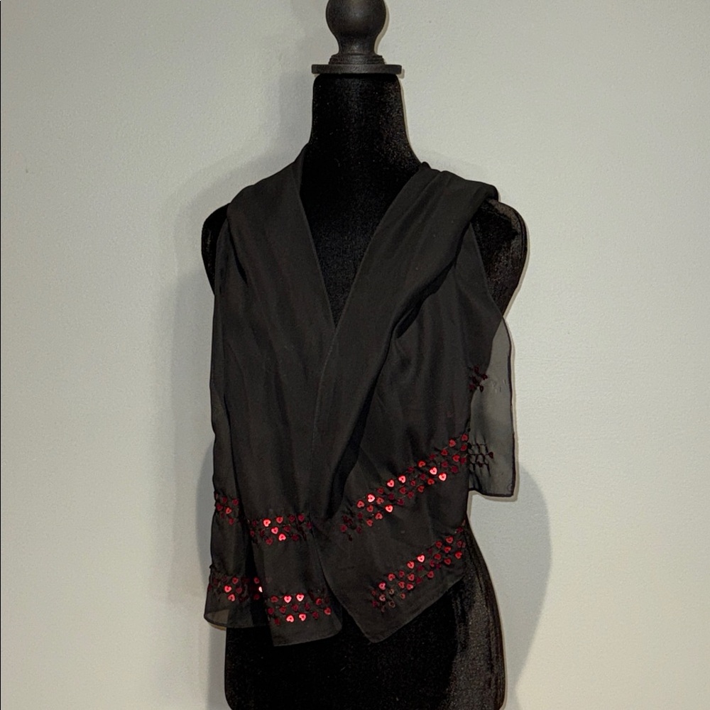 Black Sheer Scarf with Red Sequin Accents